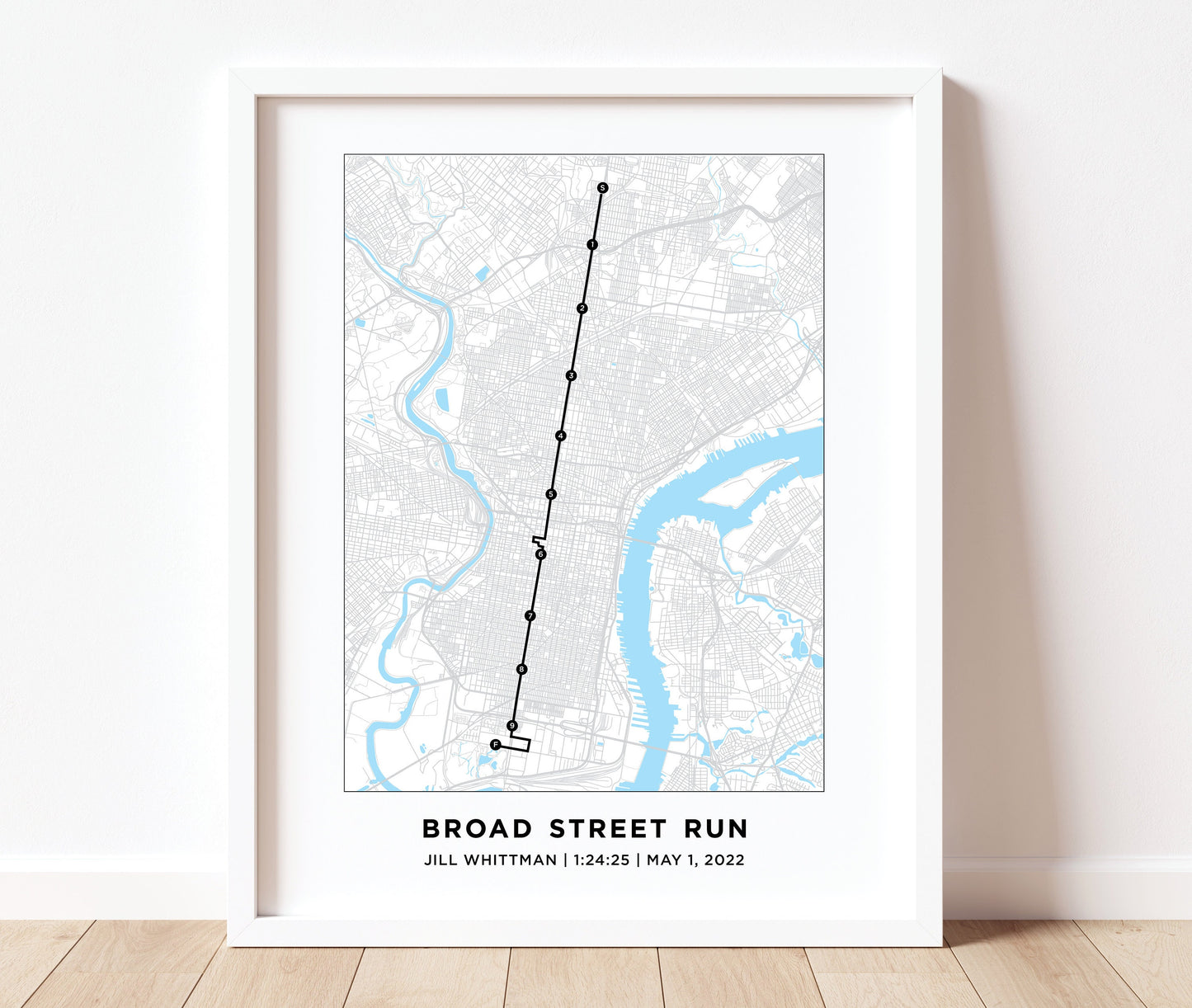 Personalized Race map for the Broad Street Run in Philadelphia. Marathon Course Map