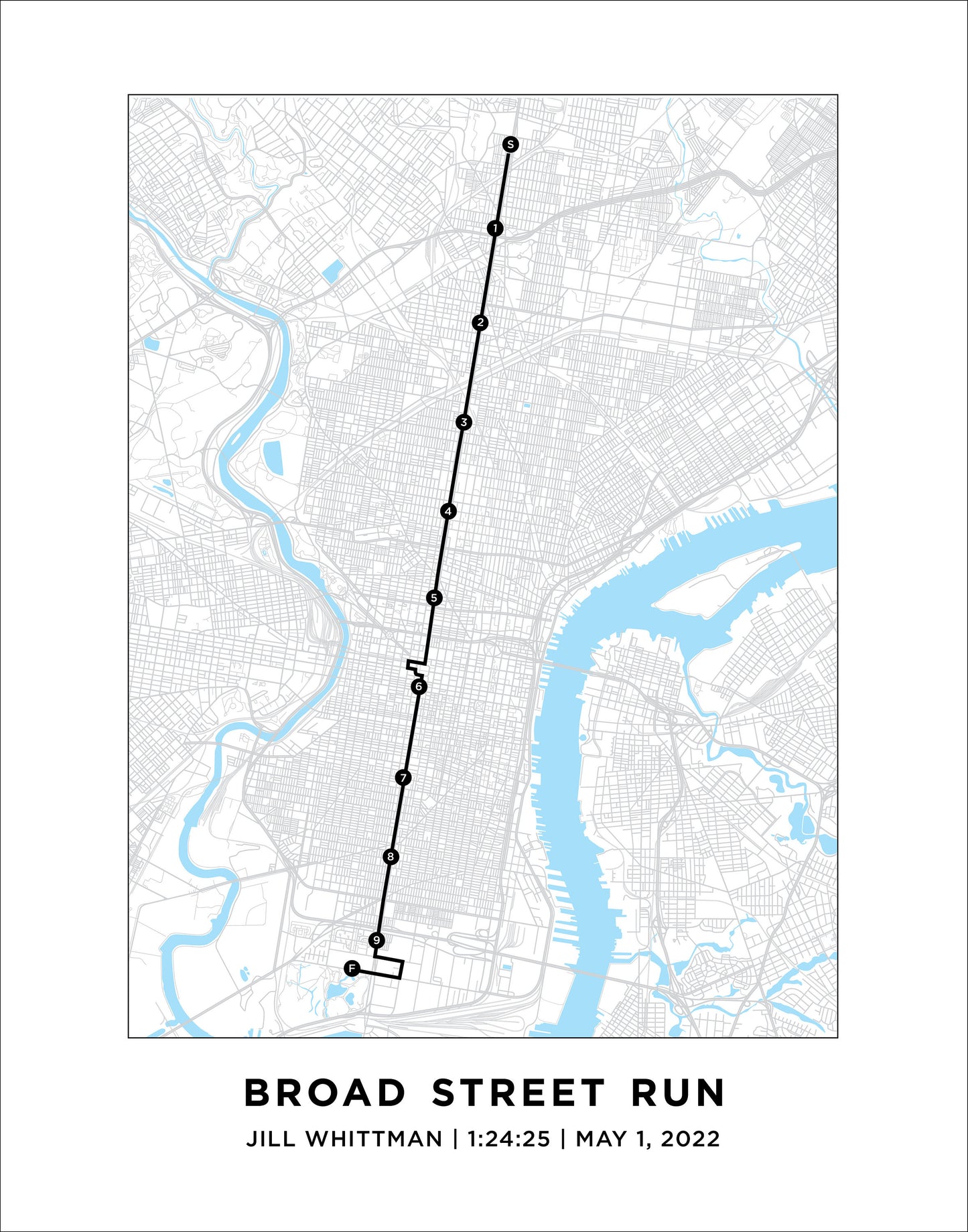 Personalized Race map for the 10 Mile Broad Street Run in Philadelphia. Marathon Course Map