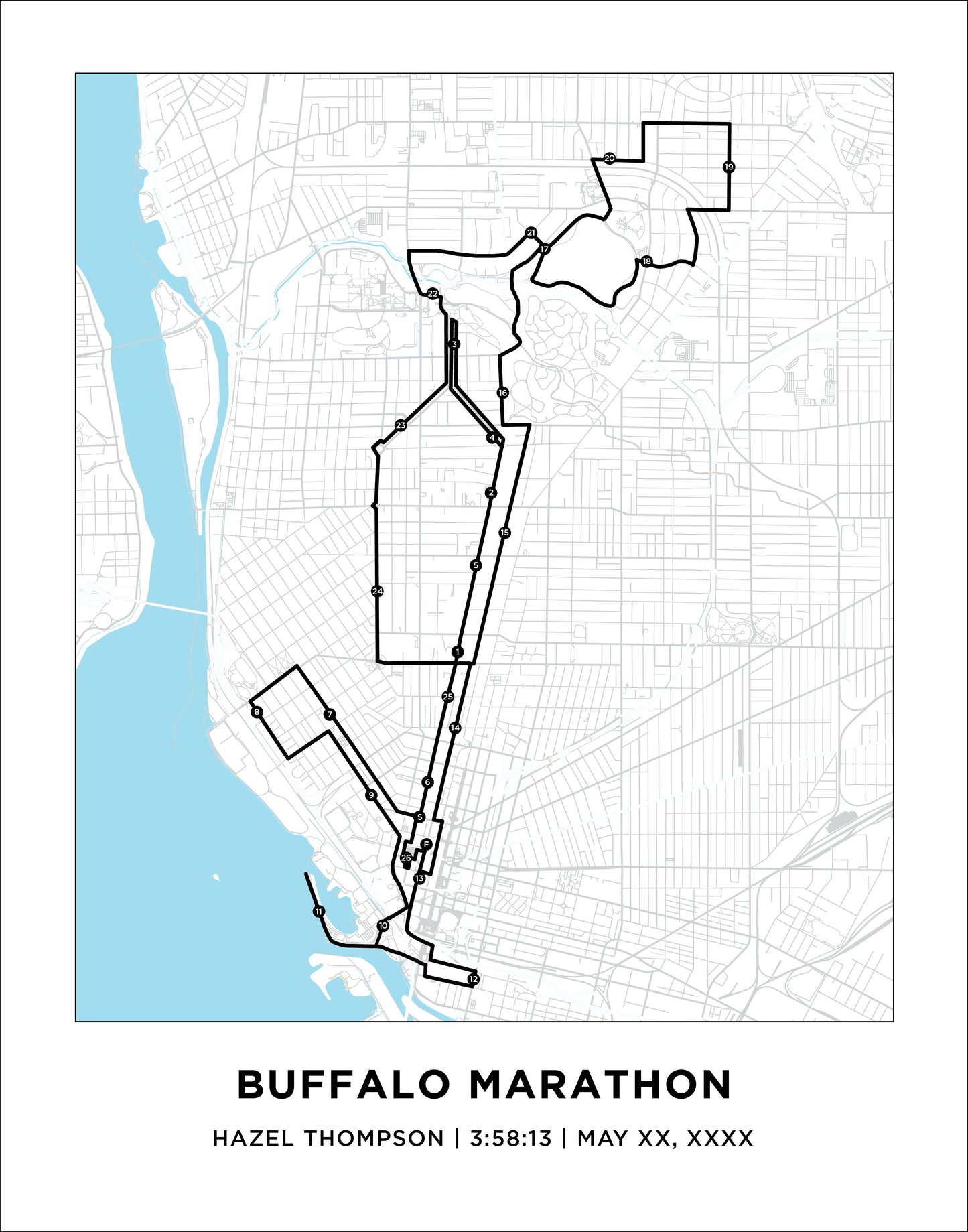 Personalized Race map for Buffalo Marathon. Marathon Course Map