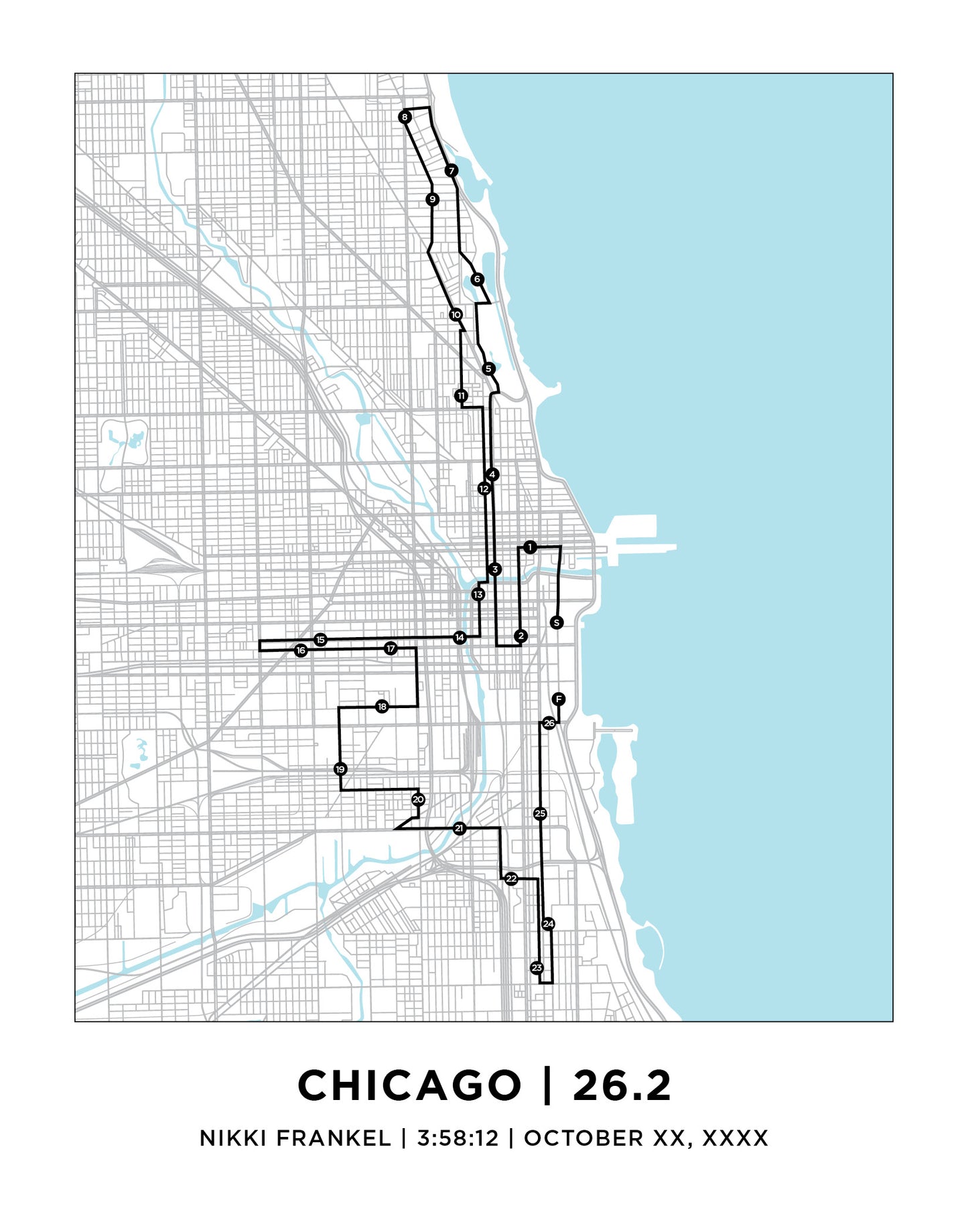 Map of Chicago Marathon with a blue body of water on a white background