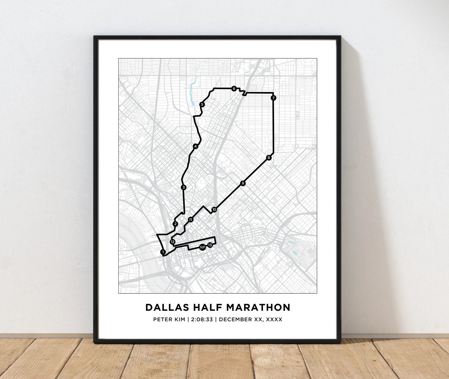 Personalized Race map for Dallas Half Marathon. Half Marathon Course Map
