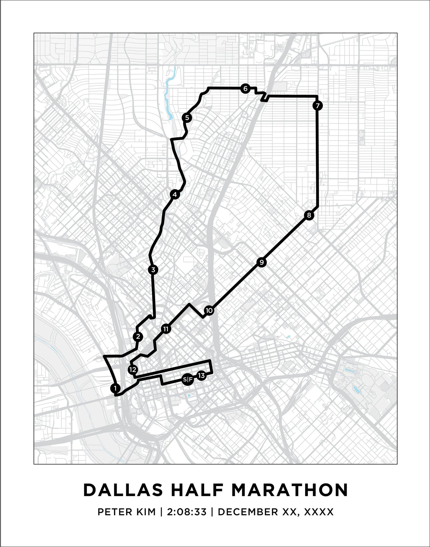 Personalized Race map for Dallas Half Marathon. Half Marathon Course Map