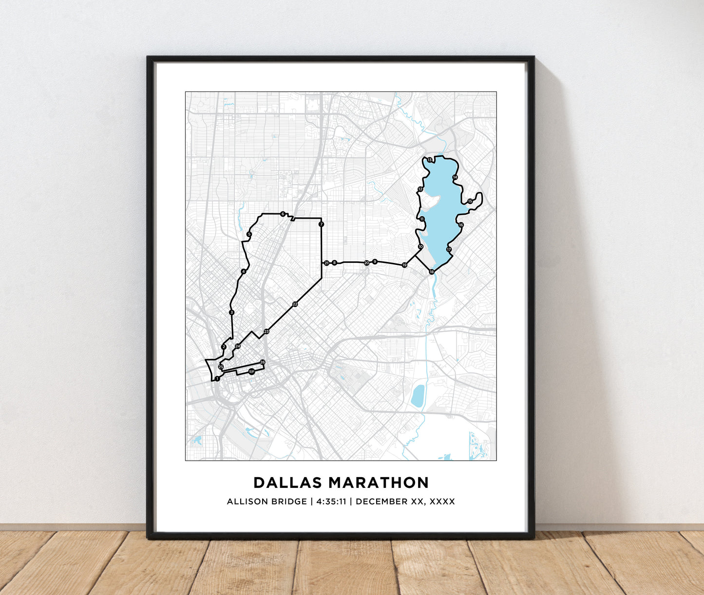 Personalized Race map for the Dallas Marathon. Marathon Course Map.