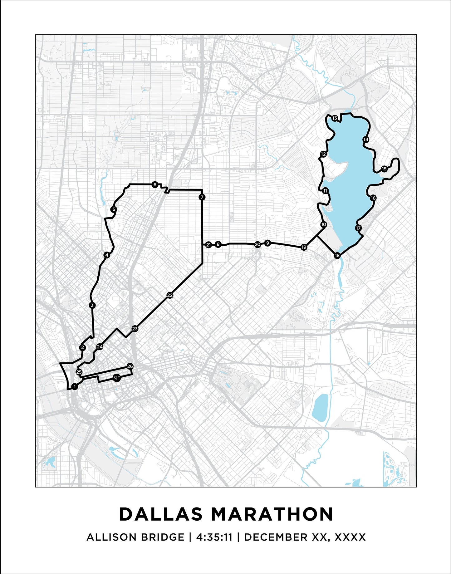 Personalized Race map for the Dallas Marathon. Marathon Course Map.