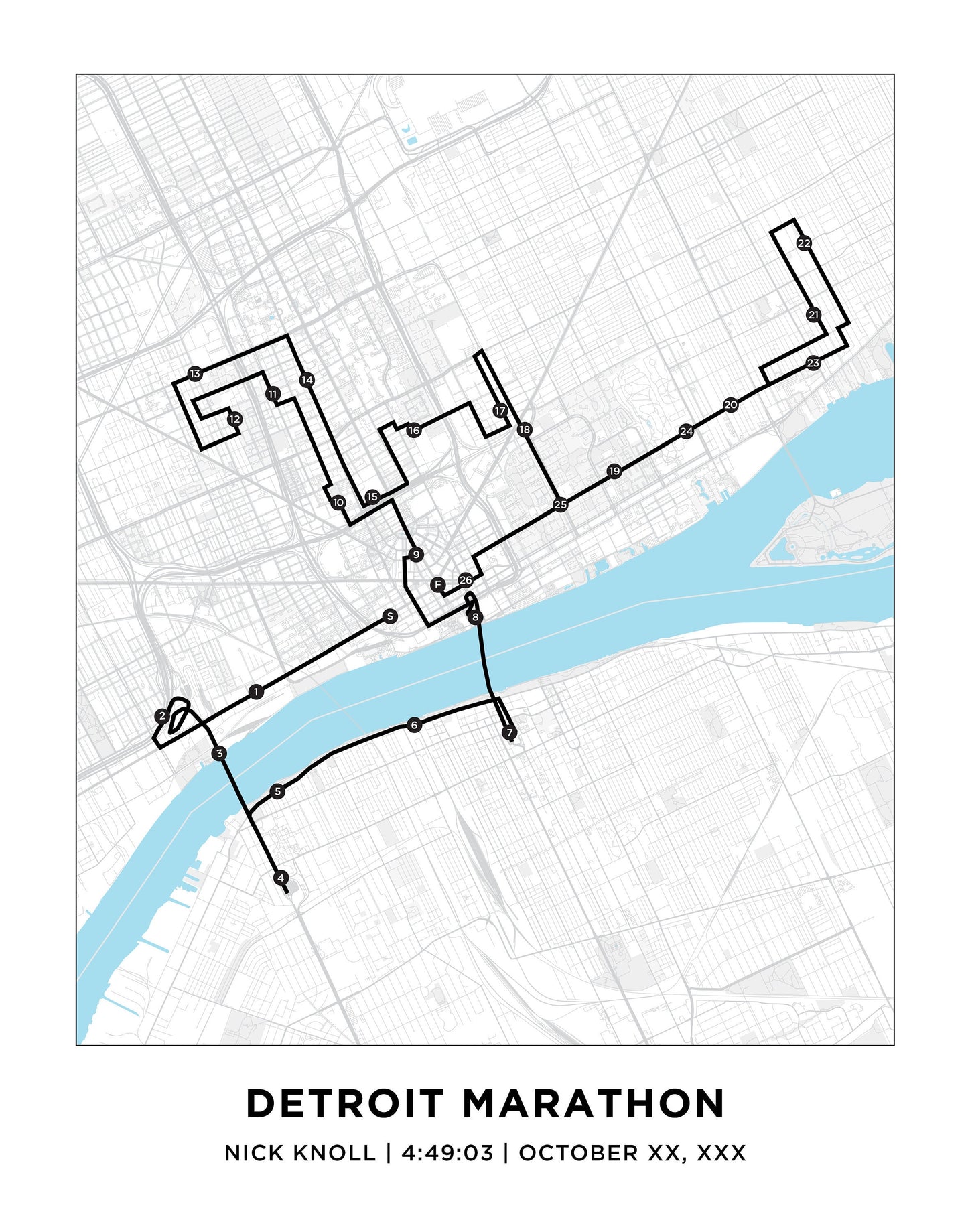 Personalized Race map for the Detroit Marathon. Marathon Course Map.