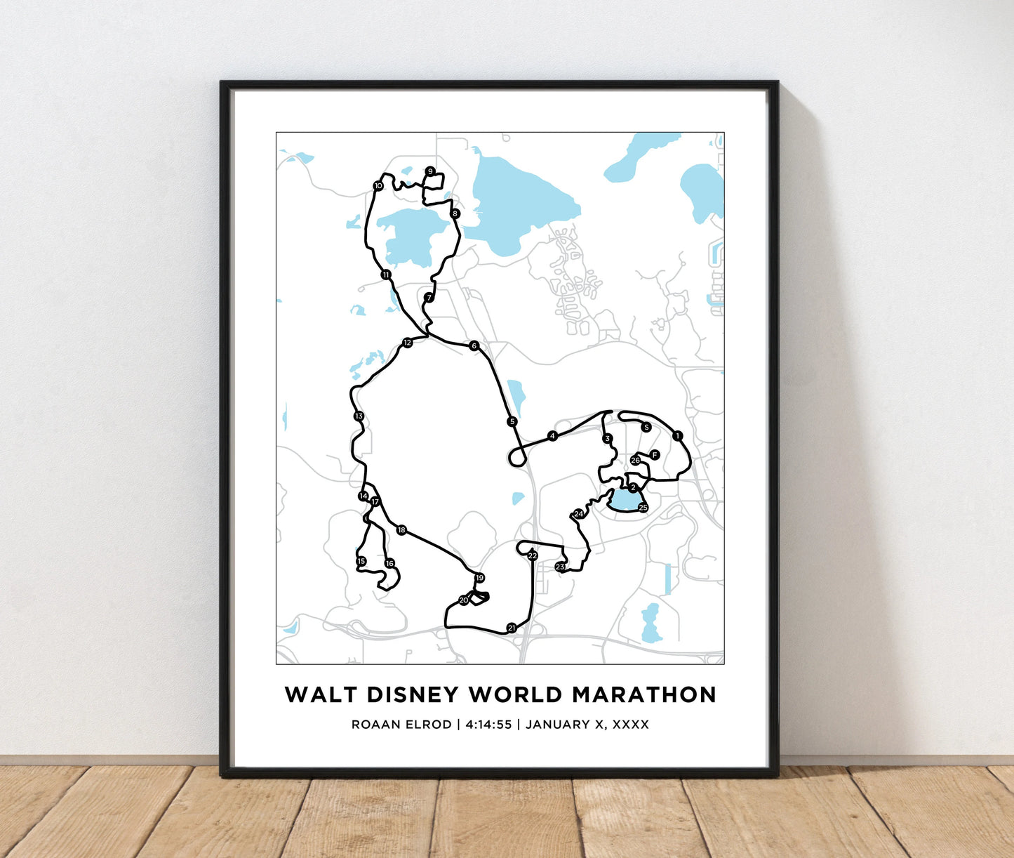 Personalized Race map for the Walt Disney World Marathon. Marathon Course Map. Goofy Challege. Dopey Challege
