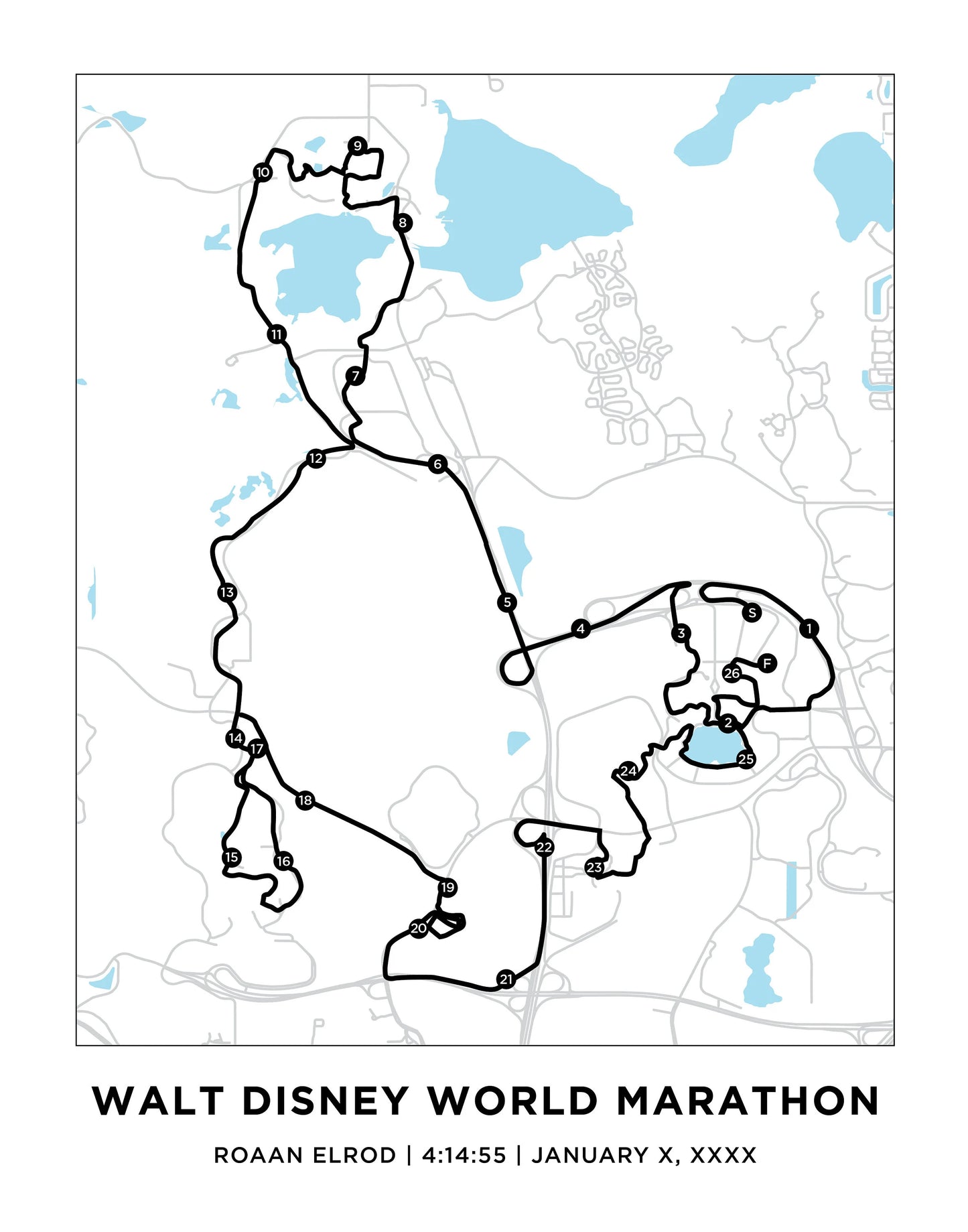 Personalized Race map for the Walt Disney World Marathon. Marathon Course Map. Goofy Challege. Dopey Challege