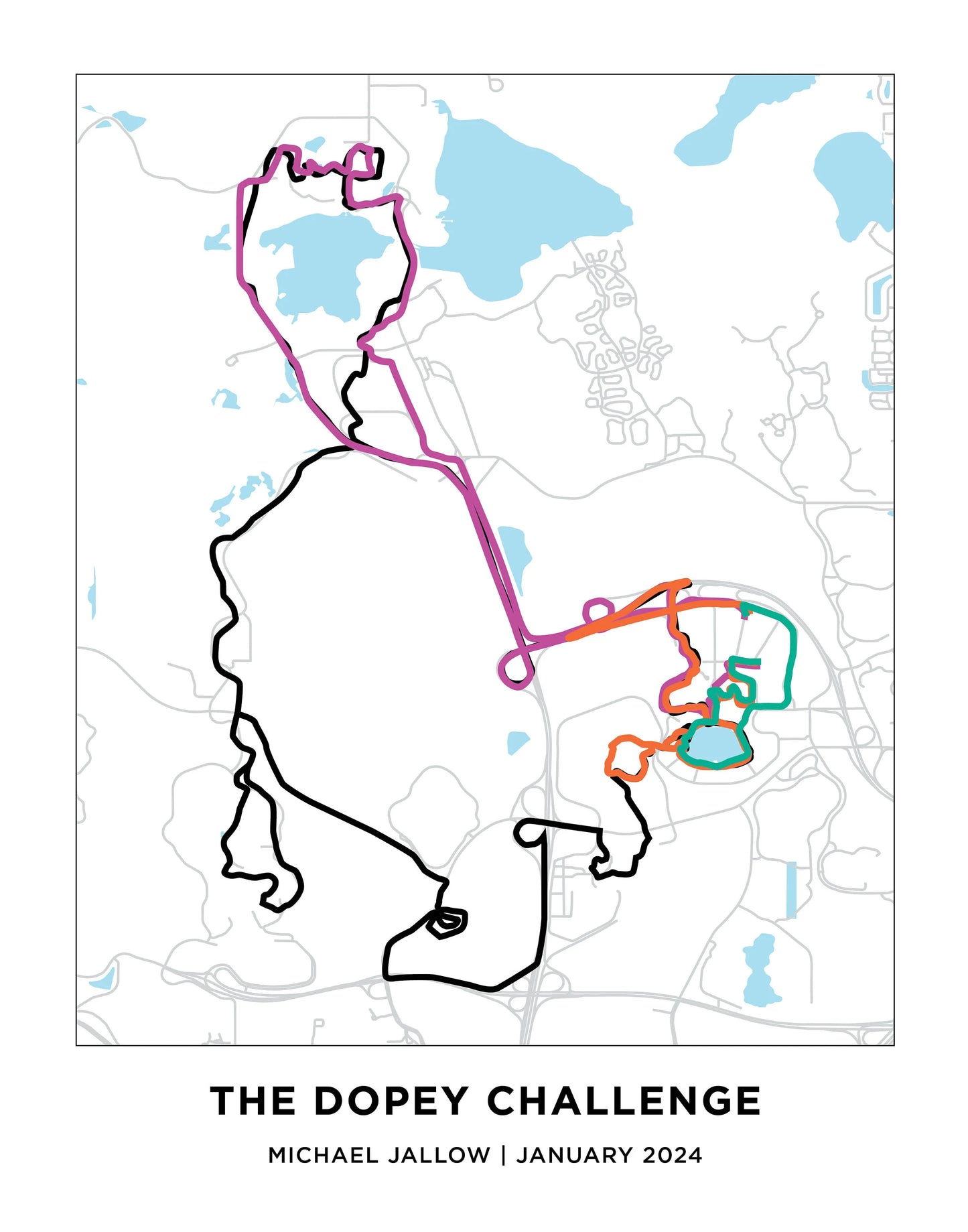 Personalized Race map for the Dopey Challenge. Walt Disney Marathon. Marathon Course Map.