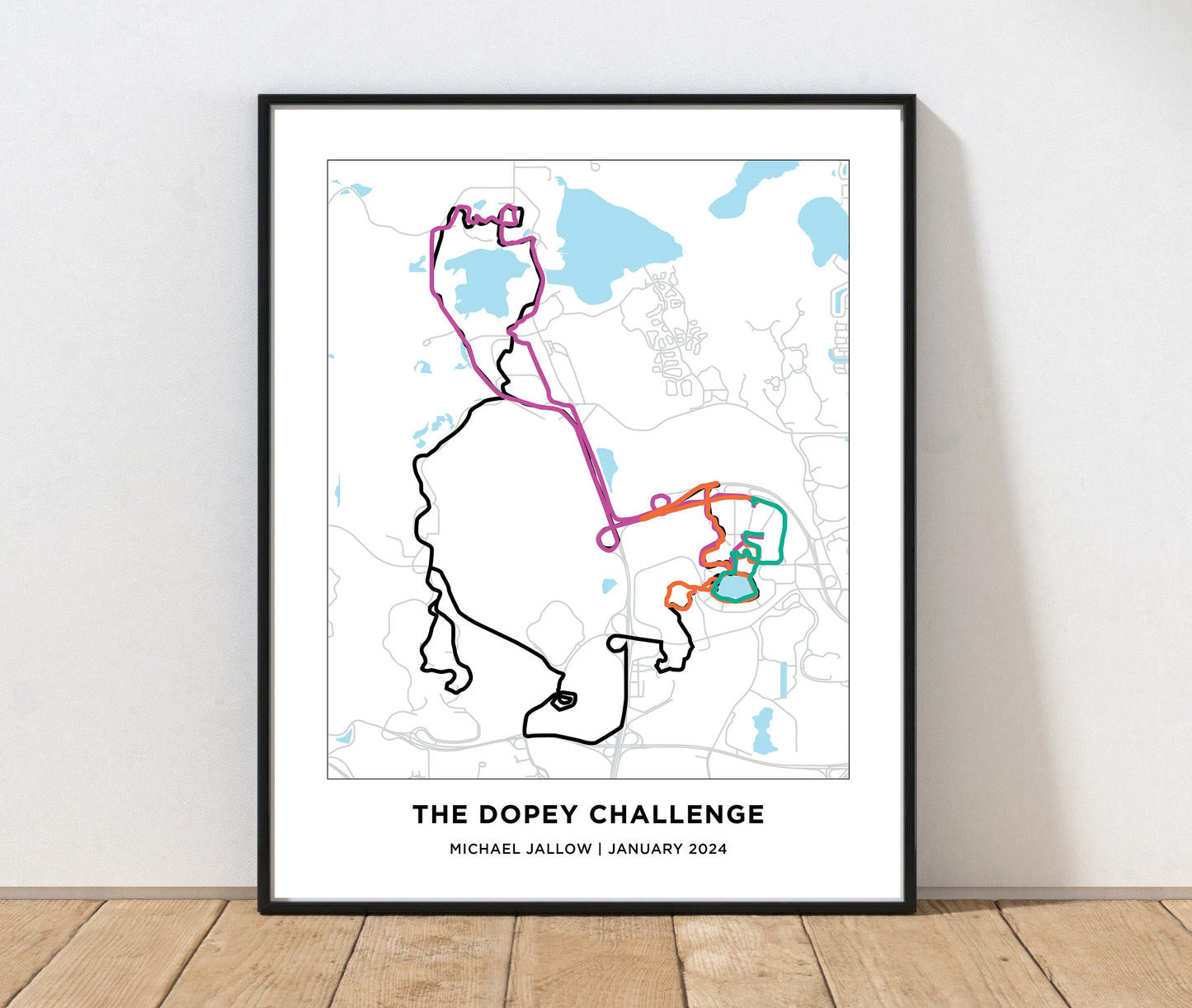 Personalized Race map for the Dopey Challenge. Walt Disney Marathon. Marathon Course Map.