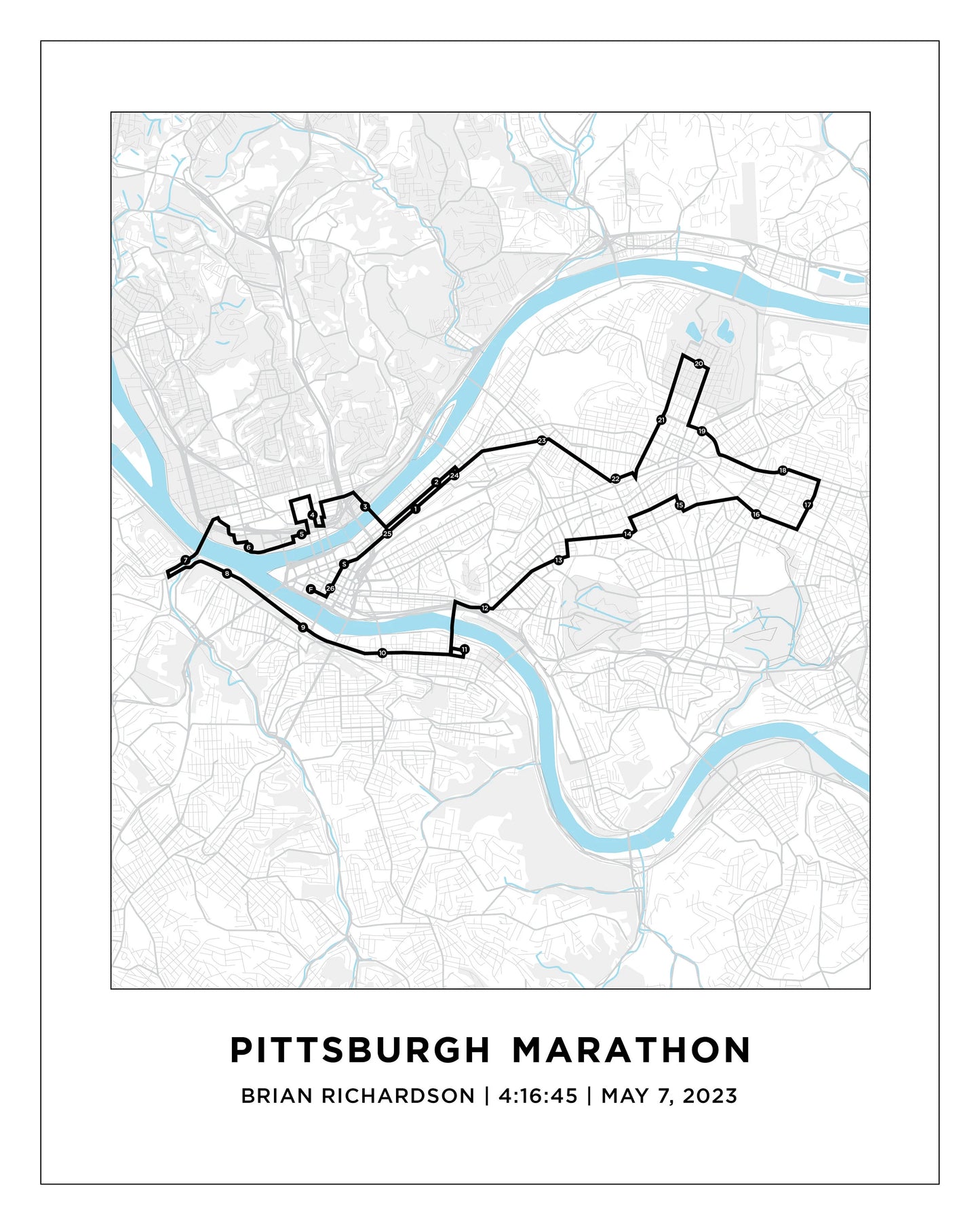 Personalized Race map for Pittsburgh Marathon. Marathon Course Map