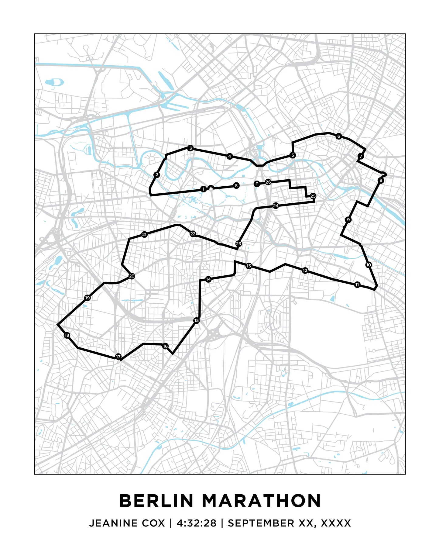 Personalized Race map for the Berlin Marathon. World Major Marathon
