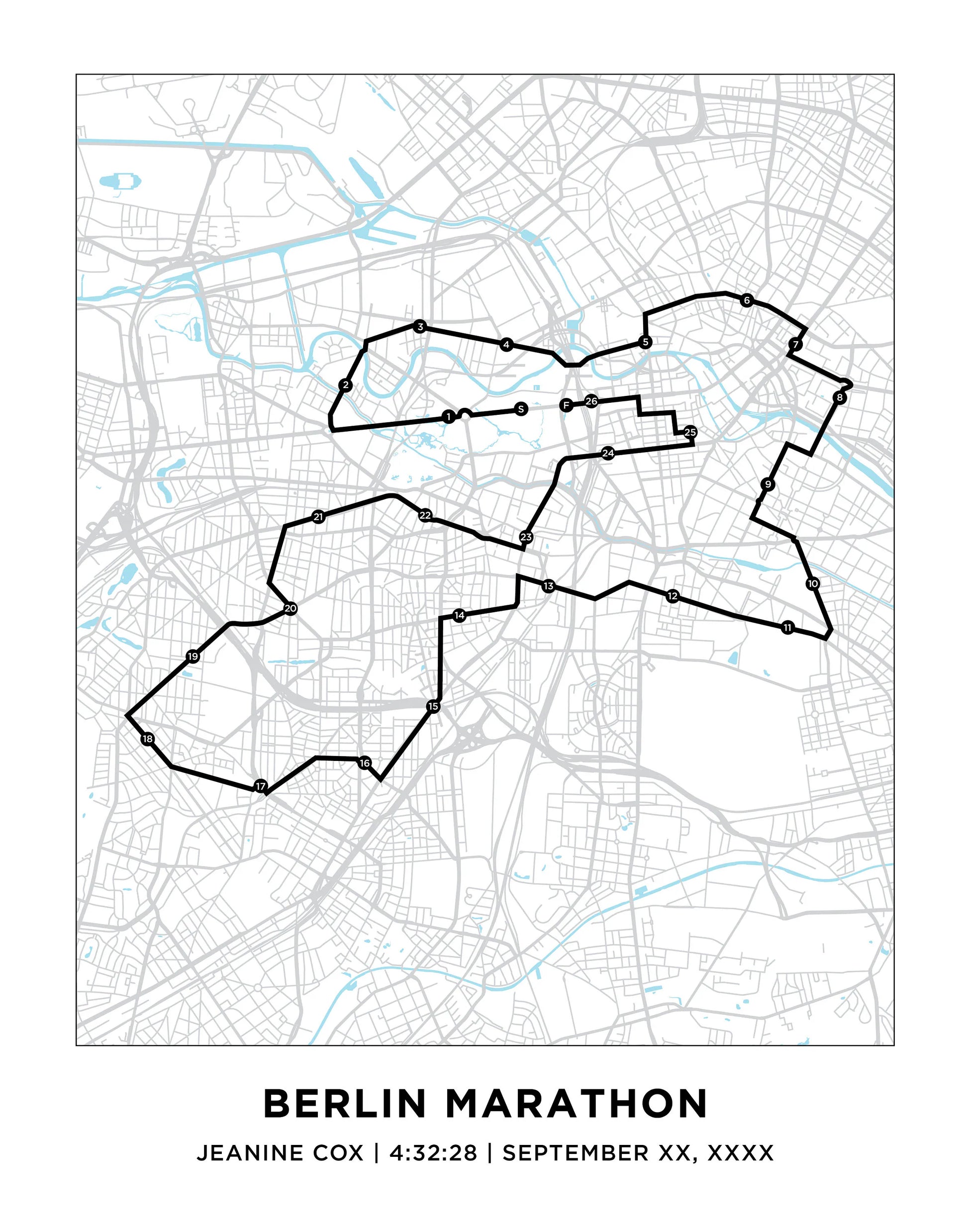 Personalized Race map for the Berlin Marathon. World Major Marathon