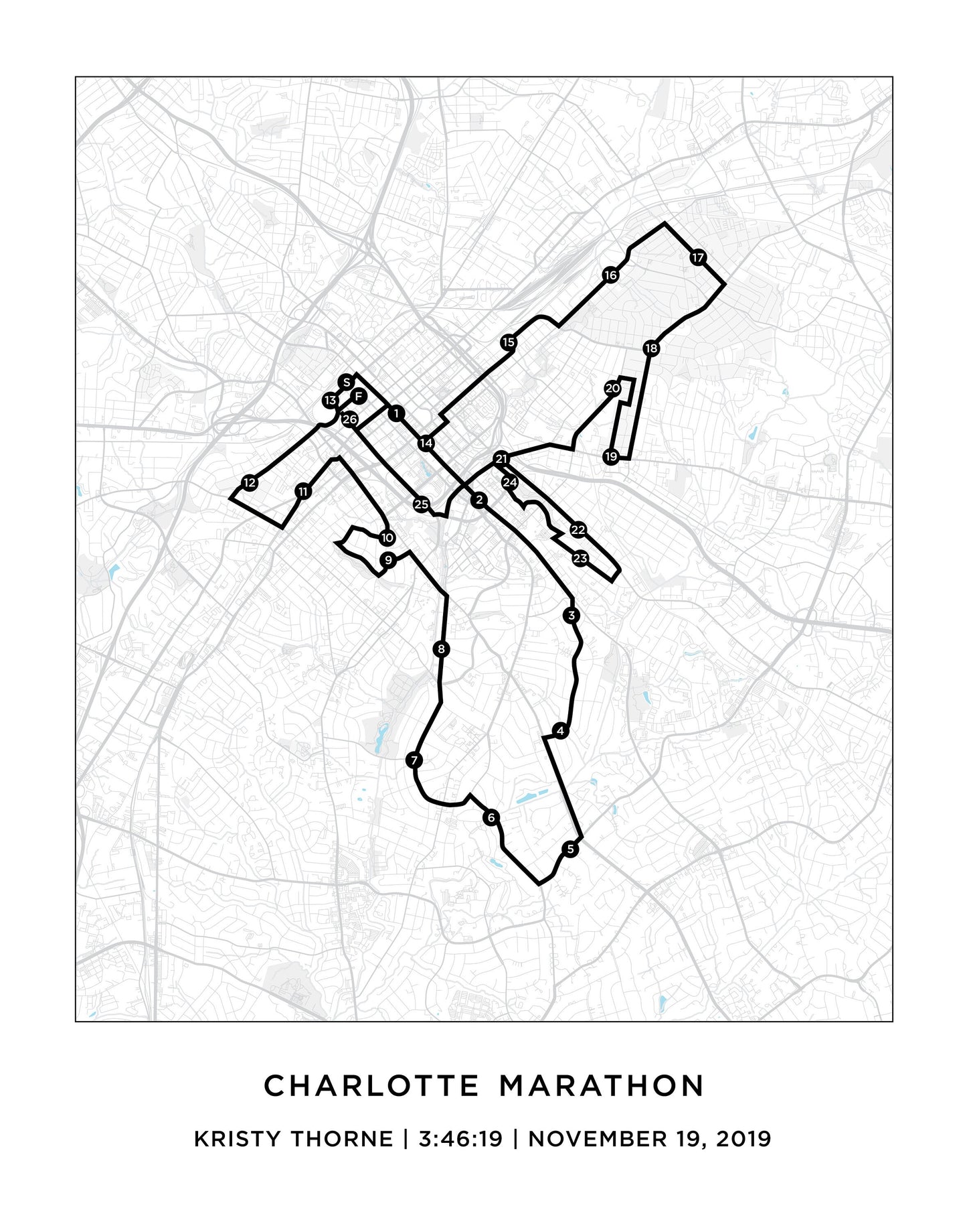 Personalized Race map for the Charlotte Marathon. Marathon Course Map