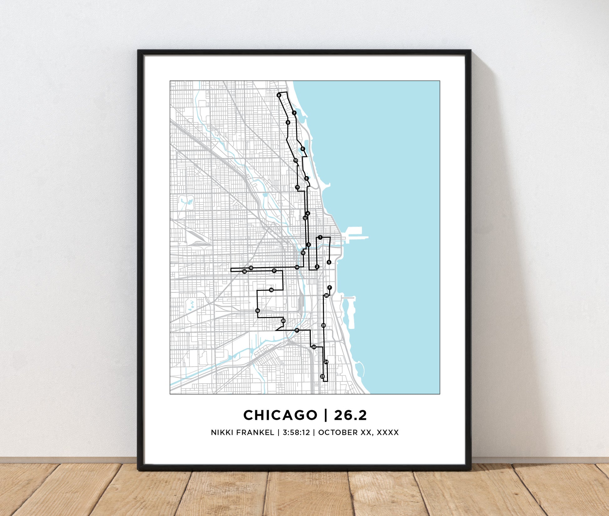 Map of Chicago Marathon with a light blue color scheme.