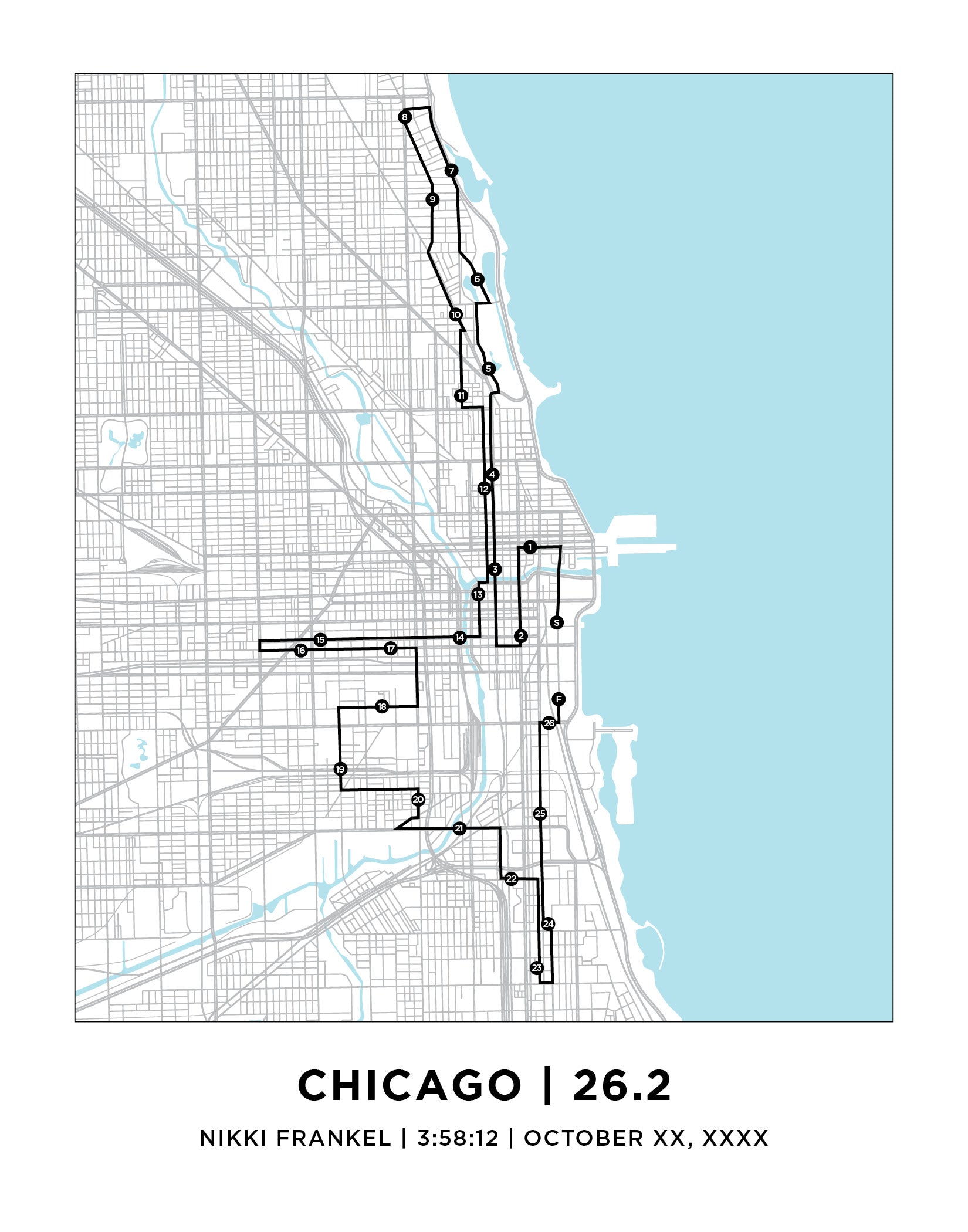 Map of Chicago Marathon with a blue body of water on a white background