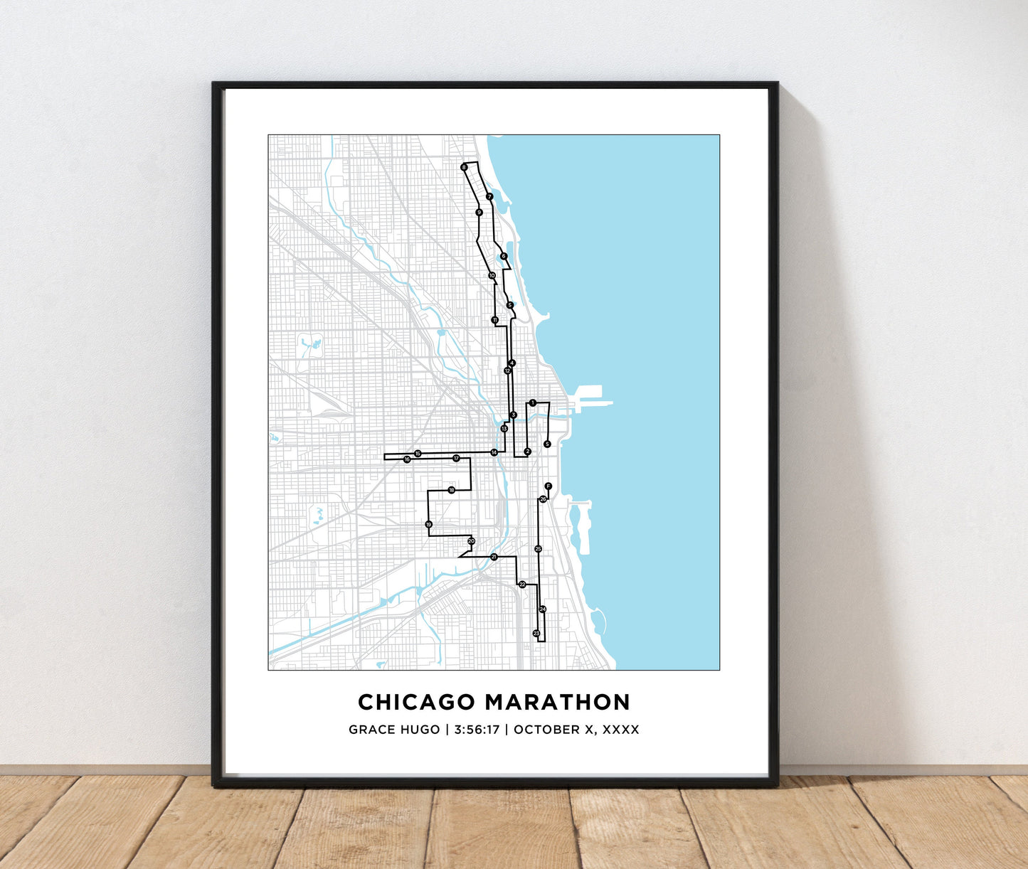 Personalized Race map for the Chicago Marathoner. World Major Marathon. Marathon Course Map. Boston Marathoner. New York Marathoner