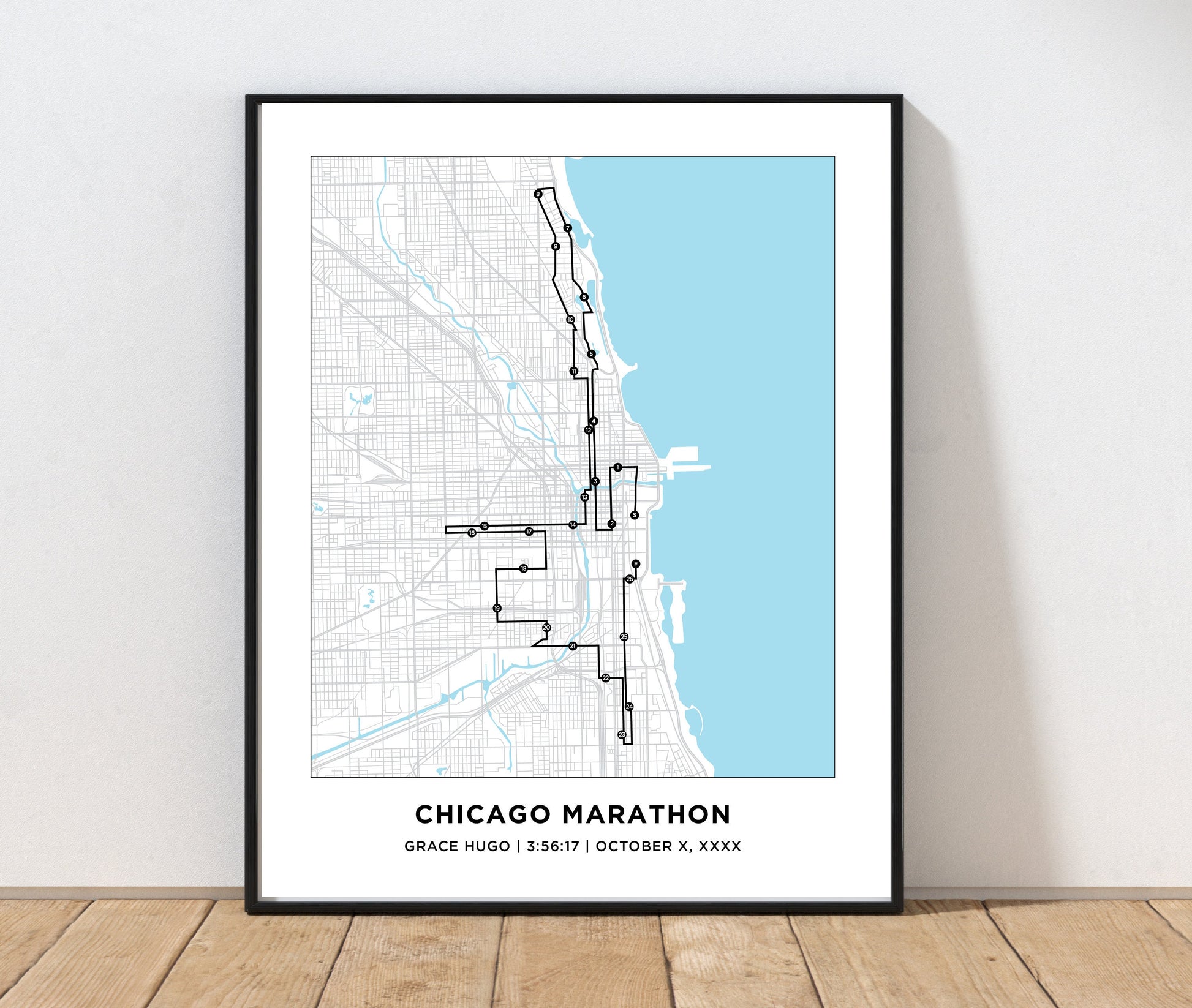 Personalized Race map for the Chicago Marathoner. World Major Marathon. Marathon Course Map. Boston Marathoner. New York Marathoner