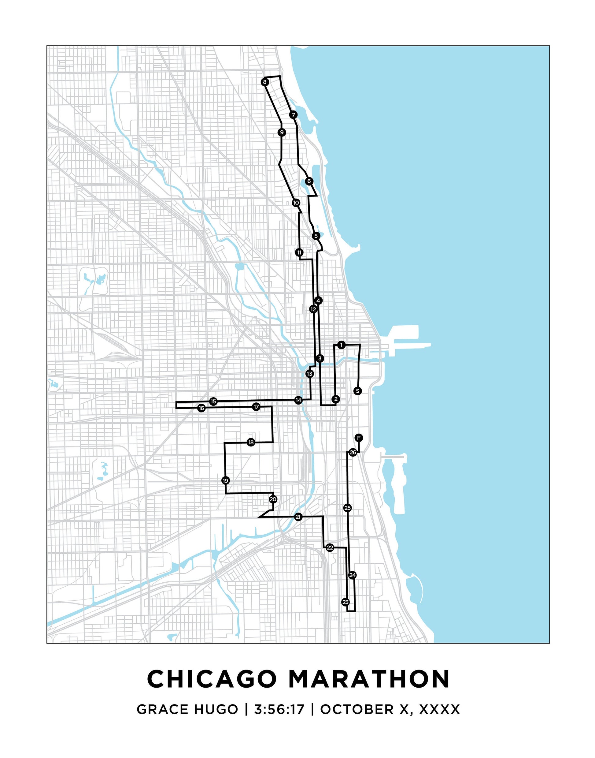 Personalized Race map for the Chicago Marathoner. World Major Marathon. Marathon Course Map. Boston Marathoner. New York Marathoner