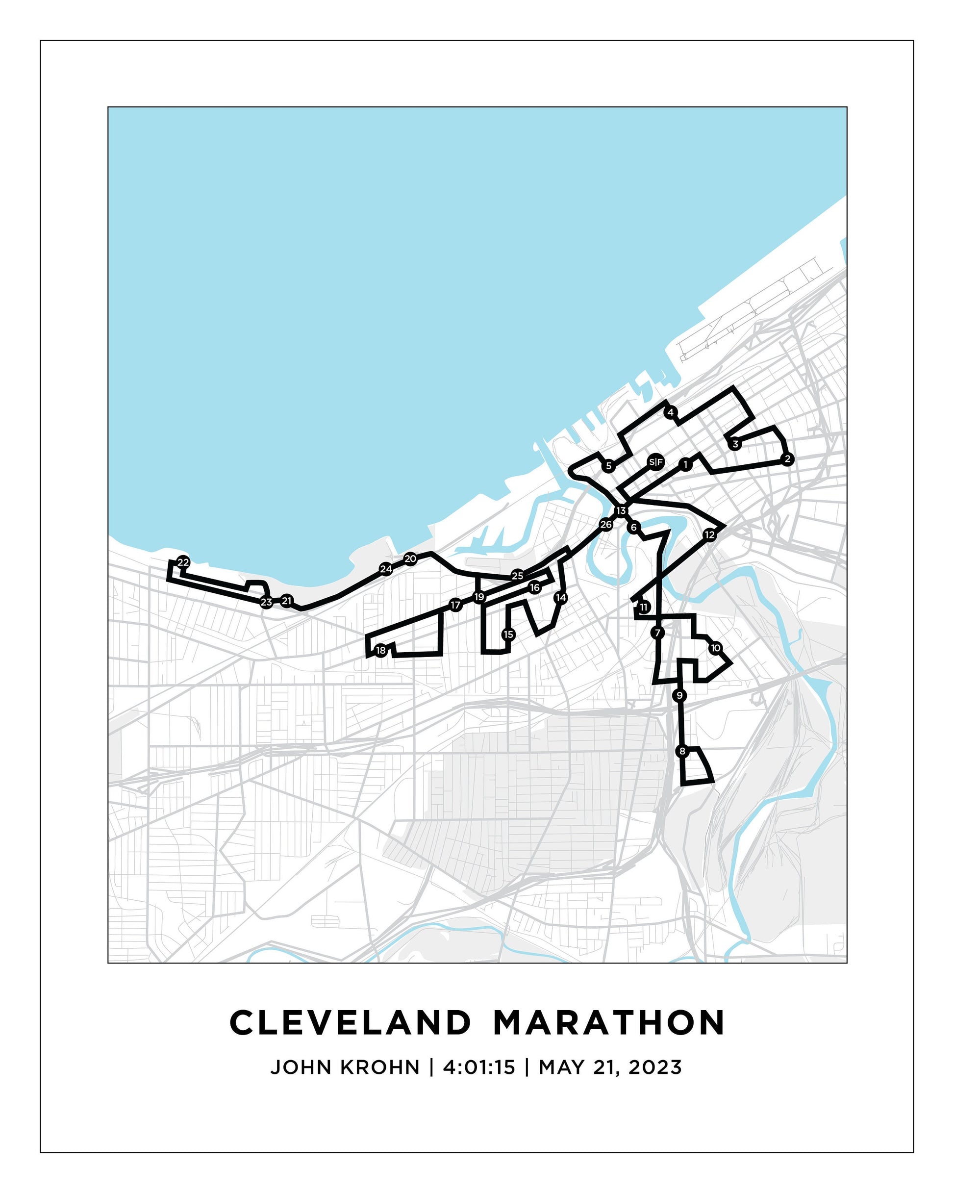 Personalized Race map for the Cleveland Marathon. Marathon Course Map. 