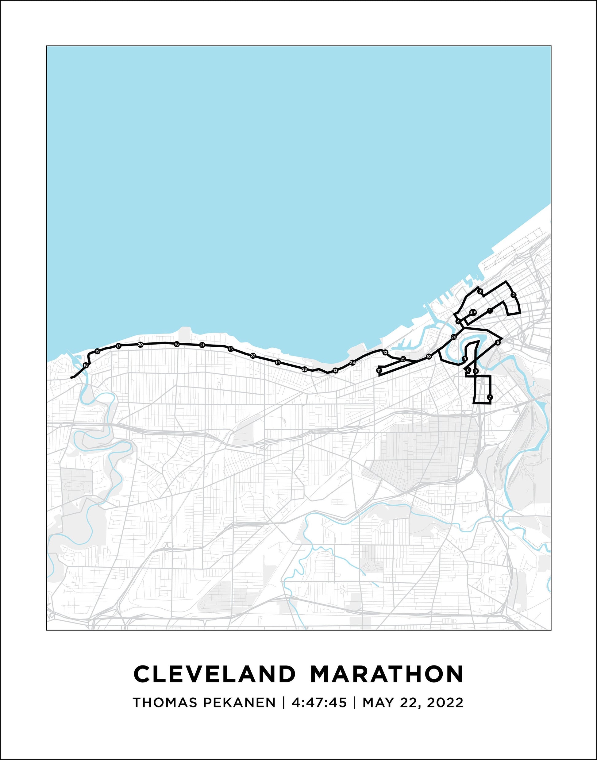 Personalized Race map for the Cleveland Marathon. Marathon Course Map. 