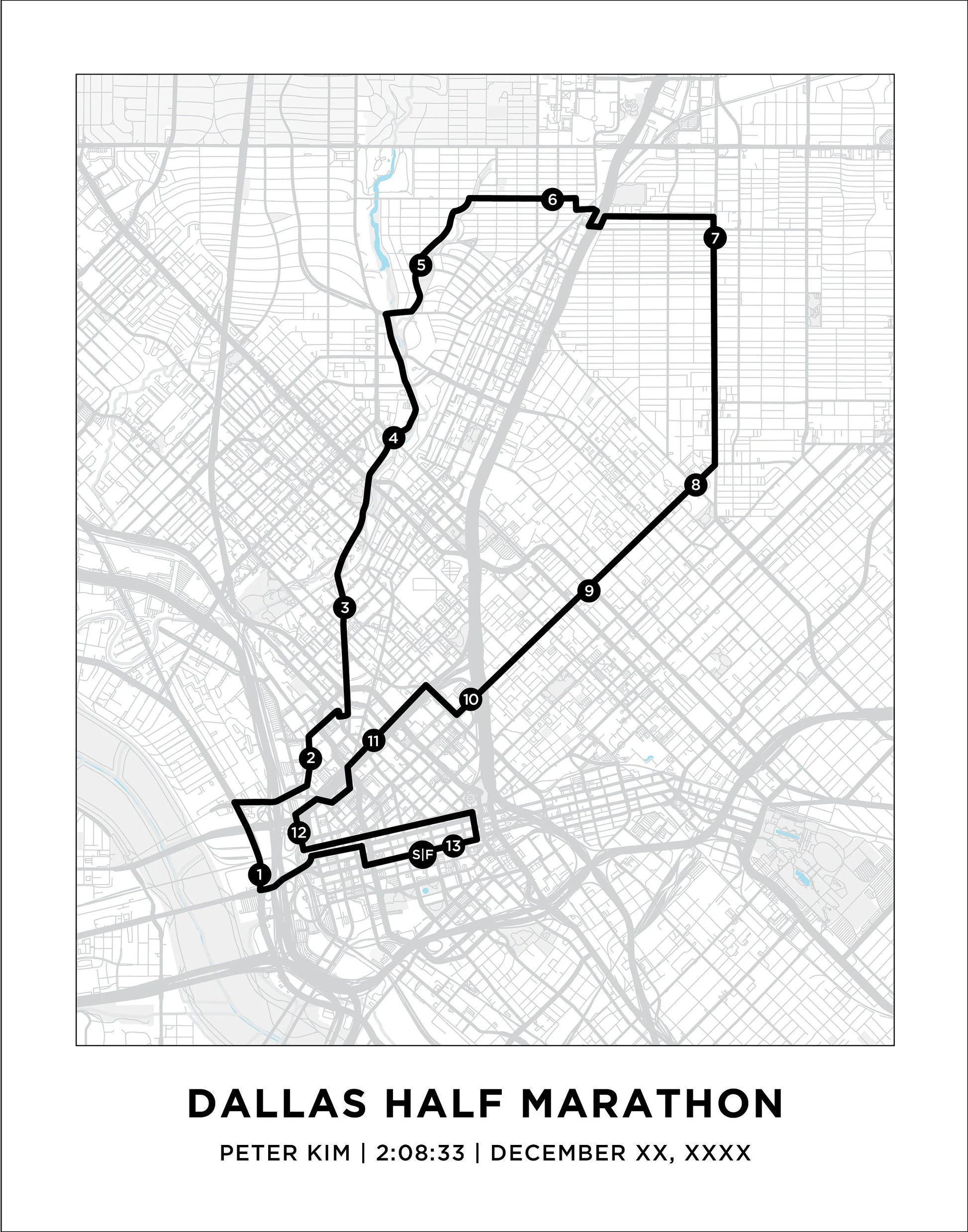 Personalized Race map for Dallas Half Marathon. Half Marathon Course Map