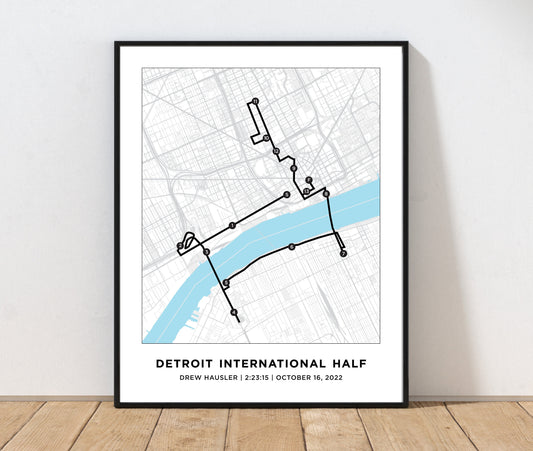 Personalized Race map for the Detroit International Half Marathon. Marathon Course Map. 