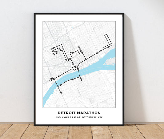 Personalized Race map for the Detroit Marathon. Marathon Course Map. 