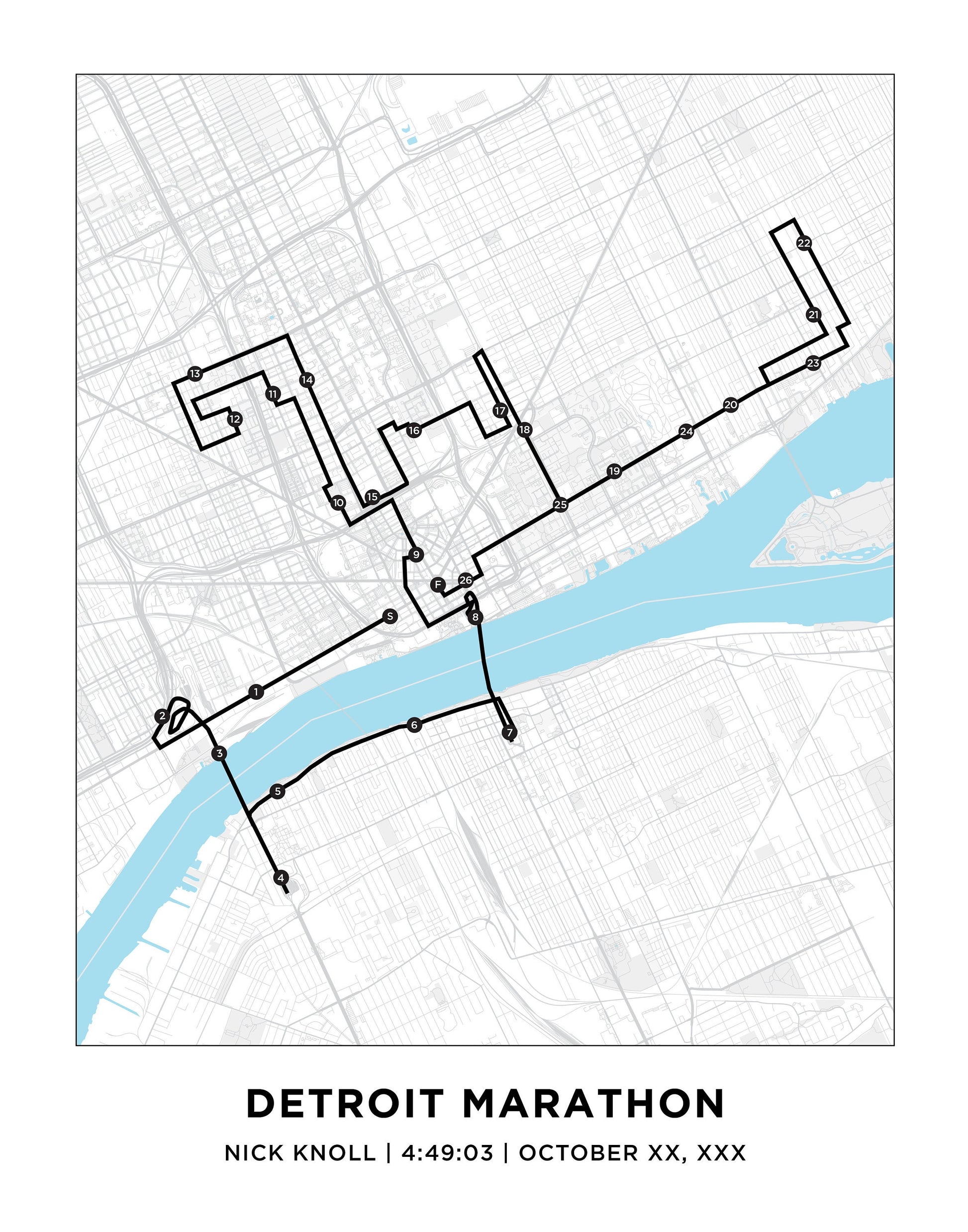 Personalized Race map for the Detroit Marathon. Marathon Course Map. 