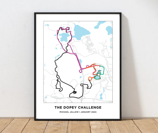 Personalized Race map for the Dopey Challenge. Walt Disney Marathon. Marathon Course Map. 