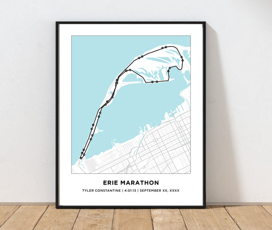 Personalized Race map for Erie Marathon. Marathon Course Map