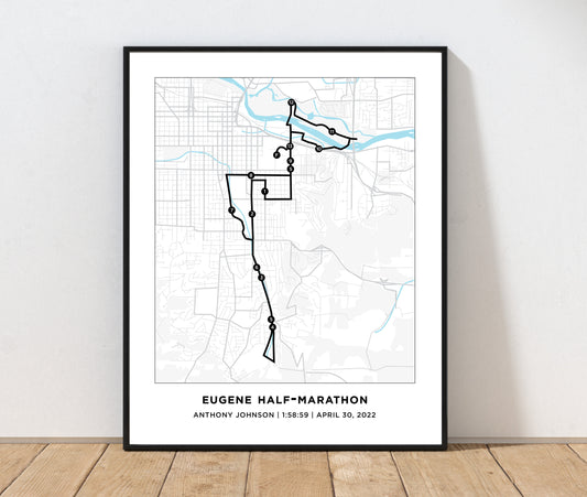 Personalized Race map for the Eugene Half Marathon. Marathon Course Map. 