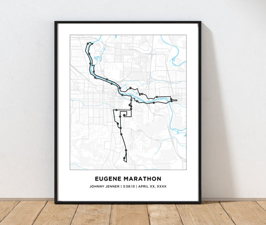 Personalized Race map for the Eugene Marathon. Marathon Course Map. 