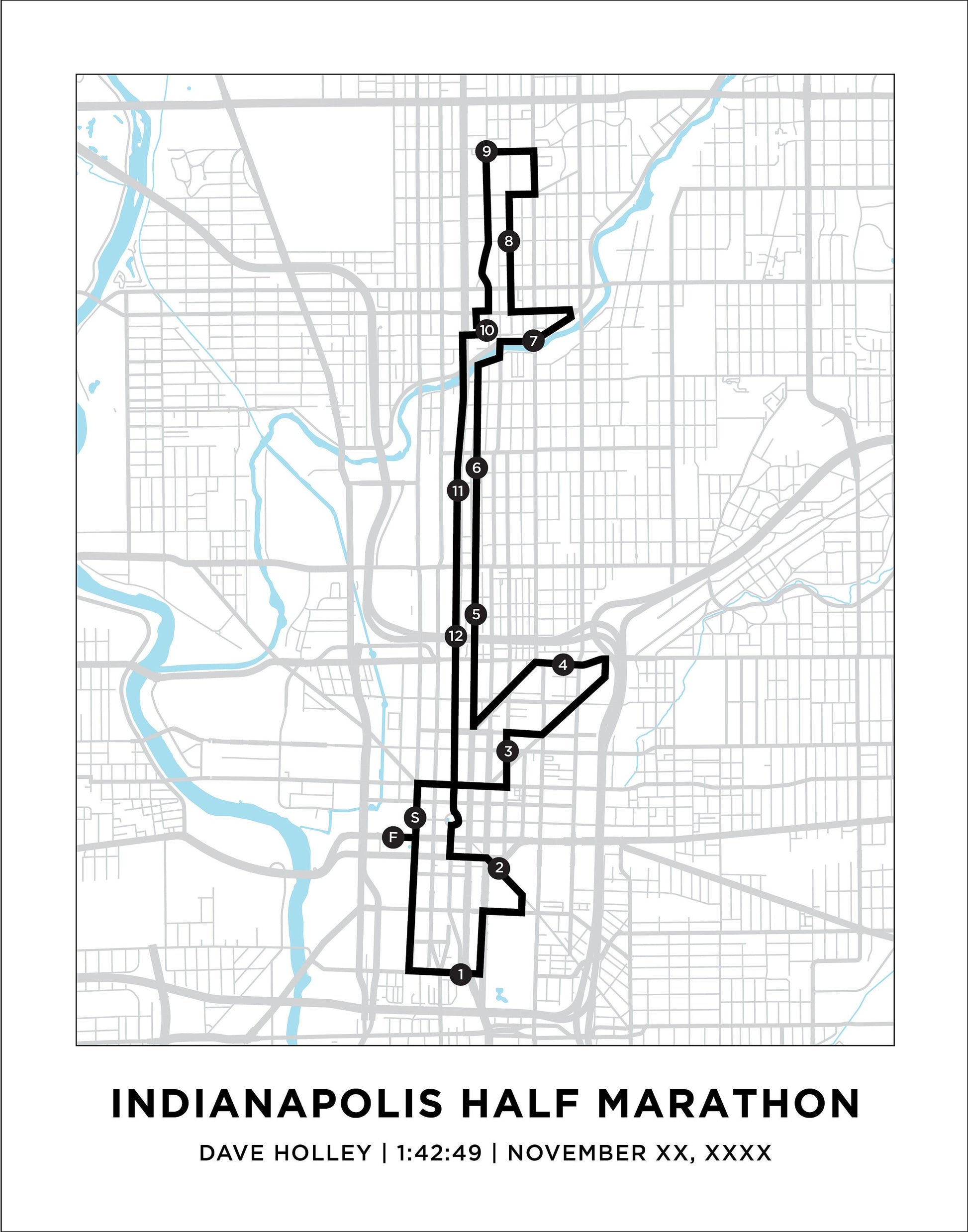 Personalized Race map for Indianapolis Half Marathon. Half Marathon Course Map