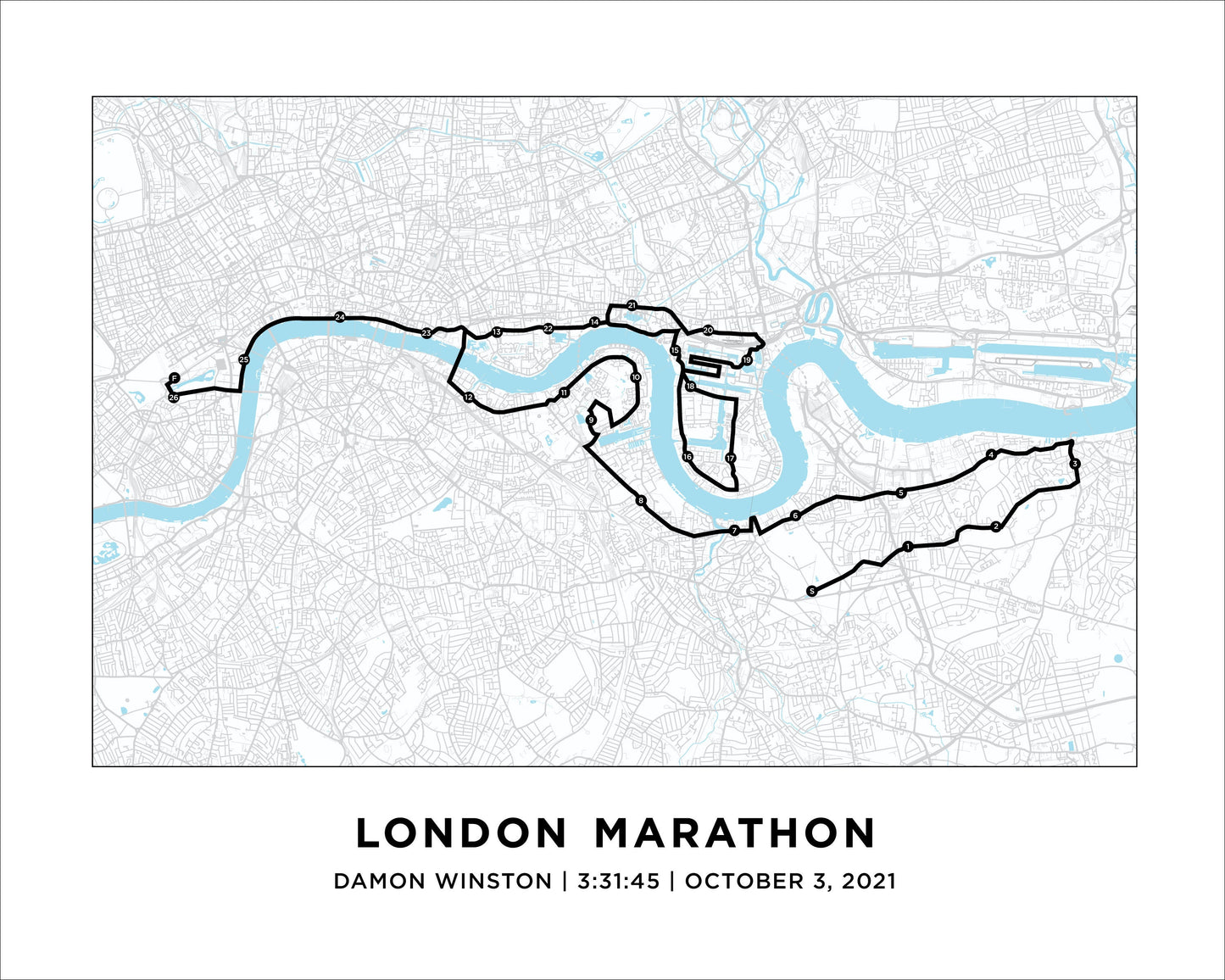 Personalized Race map for the London Marathon. World Major Marathon