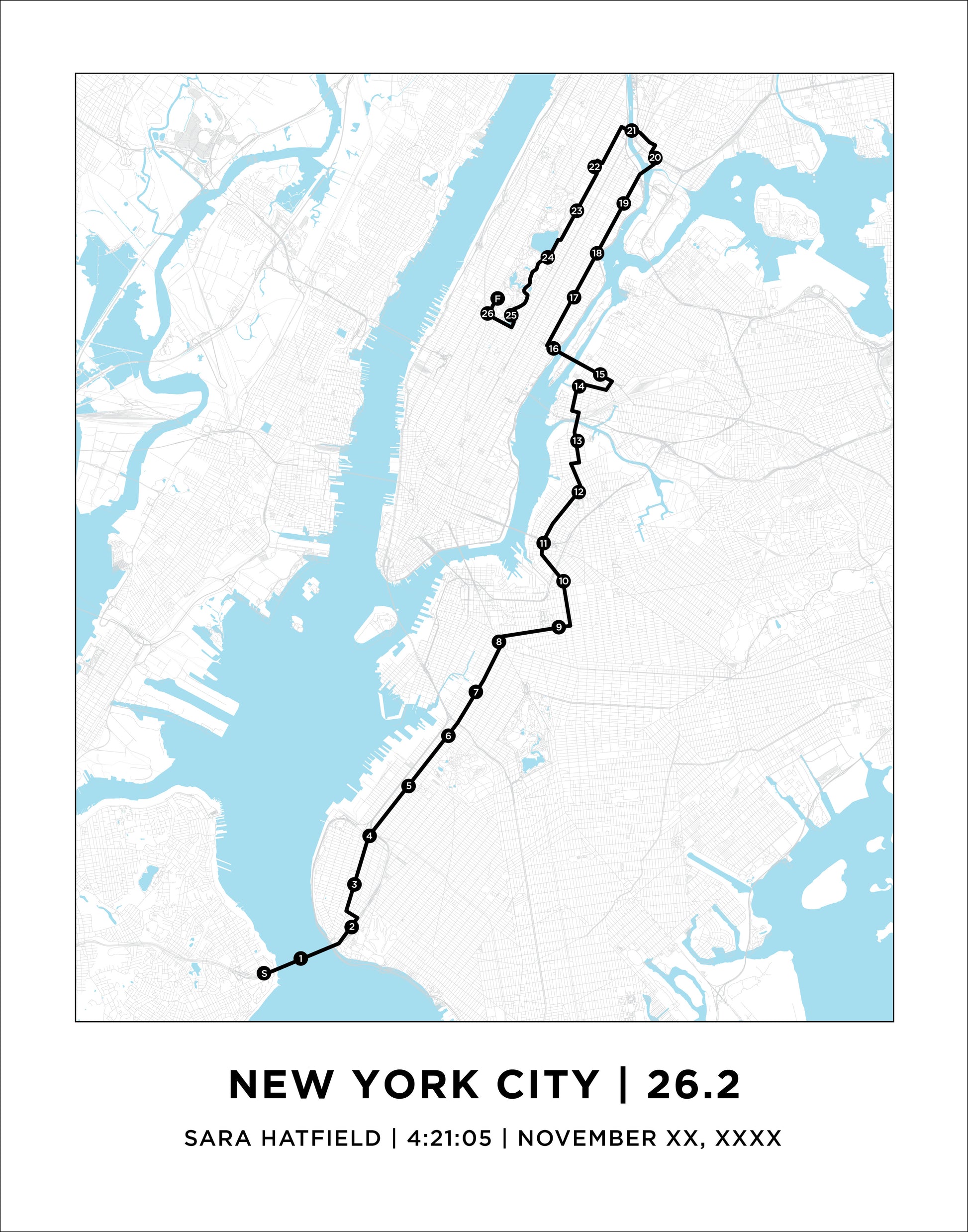 Poster of NYC 26.2 Marathoner Print  Personalized Marathon map for New York City. Marathon Map. World Major Marathon. Chicago Marathon.