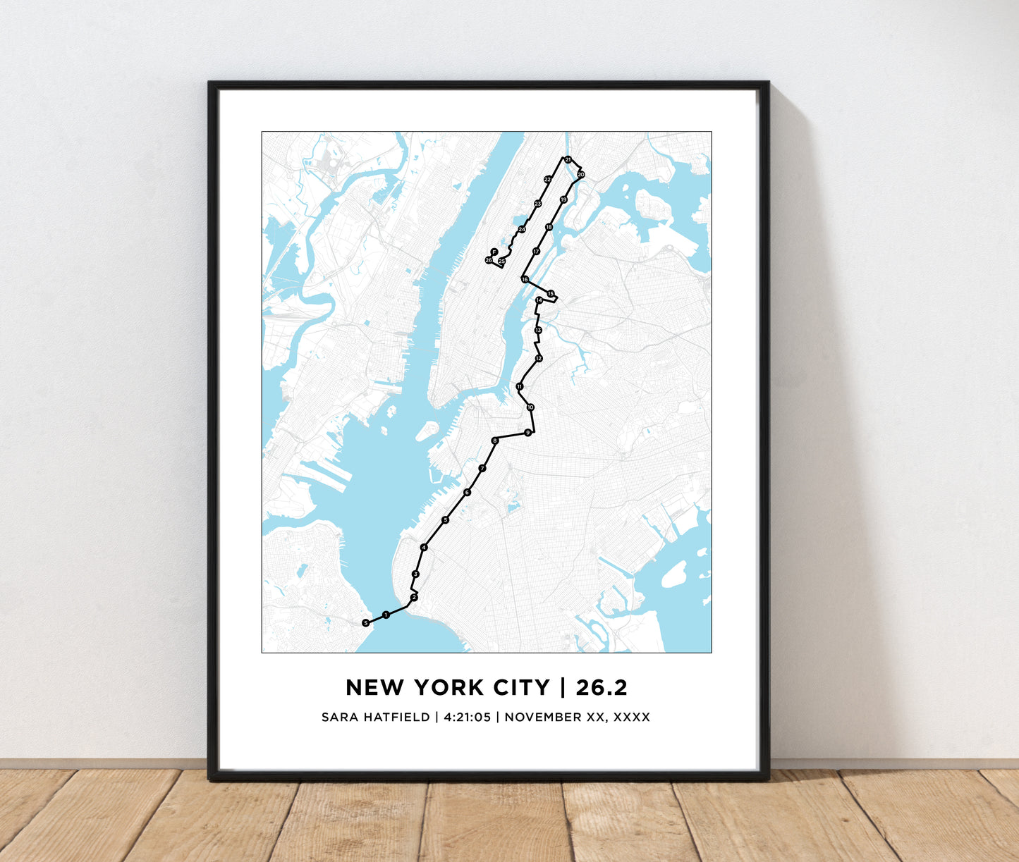 Poster of NYC 26.2 Marathoner Print  Personalized Marathon map for New York City. Marathon Map. World Major Marathon. Chicago Marathon.